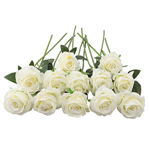 Decpro 12 Piezas de Rosas Artificiales, Flor de Seda de un Solo Tallo Largo de 19.7'' para Ramos de Novia, decoración de Hotel de Oficina, centros de Mesa, arreglos Florales(Blanco)