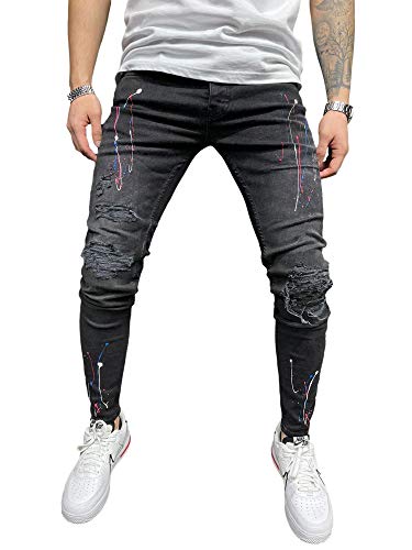 DELIMALI Pantalones vaqueros ajustados desgastados para hombre, pantalones de mezclilla con estampado de graffiti casual y ajuste delgado con agujeros rasgados