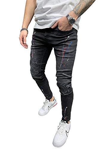 DELIMALI Pantalones vaqueros ajustados desgastados para hombre, pantalones de mezclilla con estampado de graffiti casual y ajuste delgado con agujeros rasgados