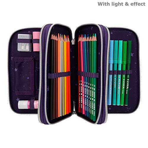 Depesche- Estuche Lleno con LED, Miss Melody – Northern Lights, Aprox. 7,5 x 13 x 20 cm, con 3 Cremalleras, Relleno con lápices Lyra, Regla, Tijeras, Pegamento y pequeño Compartimento Secreto (11255)