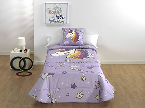 DH DHestia - Edredón Nórdico Reversible Infantil Invierno 250 gr. 100% Algodón Natural con Funda Cojín. Unicornio Mágico (170x260 cm - Cama 90/105)