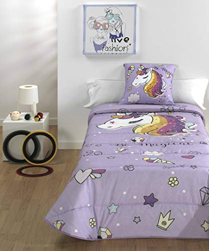 DH DHestia - Edredón Nórdico Reversible Infantil Invierno 250 gr. 100% Algodón Natural con Funda Cojín. Unicornio Mágico (170x260 cm - Cama 90/105)