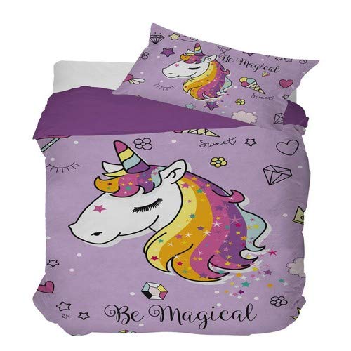 DHestia Juego Funda Nórdica Infantil Niña Reversible + f, Cojín 70x50 cm, 100% Algodón, Duvet Set Unicornio Mágico (170x260 cm (Cama 105), Multicolor, 170 x 260 cm