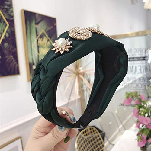 Diadema de anudado trenzada de satén caliente de verano con accesorios de pelo de diadema de diamantes de imitación de flor de metal-ejercito verde