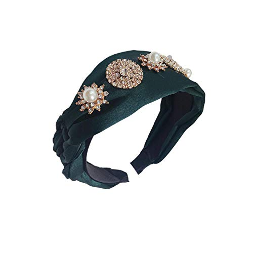 Diadema de anudado trenzada de satén caliente de verano con accesorios de pelo de diadema de diamantes de imitación de flor de metal-ejercito verde