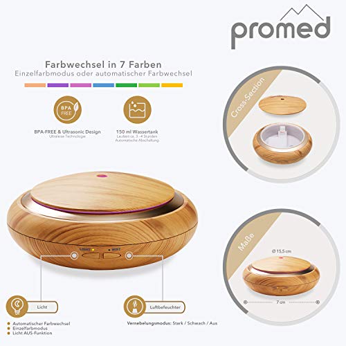 Difusor de aroma Promed AL-150 WS de 150 ml, humidificador de aire de ultrasonidos, humidificador de ambientes, lámpara aromática eléctrica con luz LED en 7 colores, aromaterapia (651015)