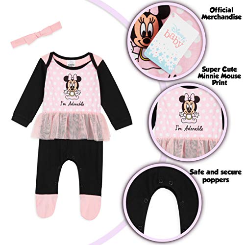 Disney Pijama Niña de Minnie Mouse, Body Bebe Manga Larga, Pijamas Enteros, Monos para Bebes Desde 0 a 24 Meses, Regalos Originales para Bebes Recien Nacidos (Rosa/Negra, 12-18 Meses)