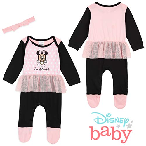 Disney Pijama Niña de Minnie Mouse, Body Bebe Manga Larga, Pijamas Enteros, Monos para Bebes Desde 0 a 24 Meses, Regalos Originales para Bebes Recien Nacidos (Rosa/Negra, 12-18 Meses)