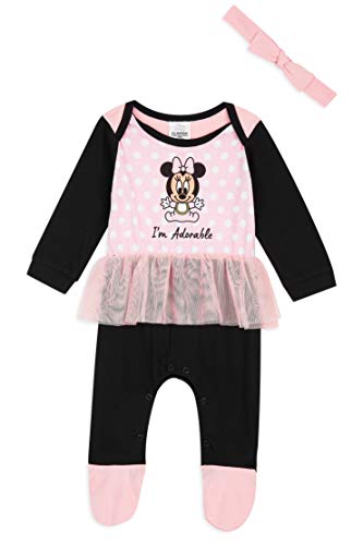 Disney Pijama Niña de Minnie Mouse, Body Bebe Manga Larga, Pijamas Enteros, Monos para Bebes Desde 0 a 24 Meses, Regalos Originales para Bebes Recien Nacidos (Rosa/Negra, 12-18 Meses)