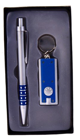 DISOK - Set Boligrafo + Llavero Linterna Led Estuche Azul. Estuches Bolígrafos Set de Regalo para Hombres, Bodas, Bautizos, Comuniones Originales, Baratos, Caballeros. Linternas, Llaveros