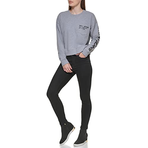 DKNY Crewneck Logo Pocket Sweatshirt Sudadera, Avenue Grey, XXS para Mujer