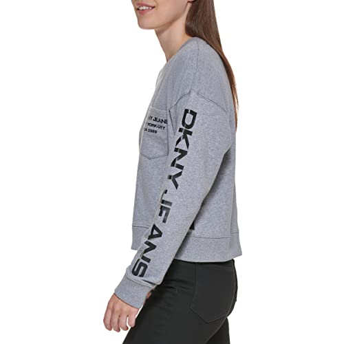 DKNY Crewneck Logo Pocket Sweatshirt Sudadera, Avenue Grey, XXS para Mujer