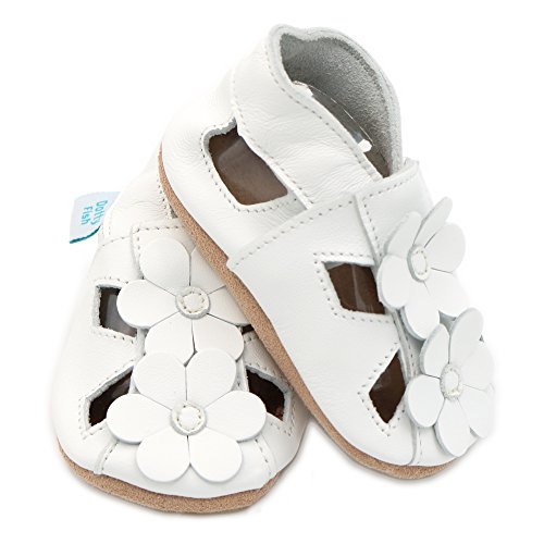 Dotty Fish Soft Leather Baby Sandals with Flowers, Sandalias de Suela Suave Unisex niños, Flores Blancas, 21 EU