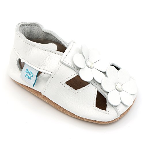 Dotty Fish Soft Leather Baby Sandals with Flowers, Sandalias de Suela Suave Unisex niños, Flores Blancas, 21 EU