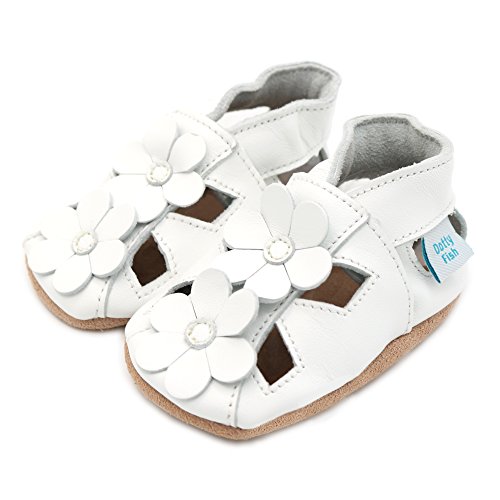 Dotty Fish Soft Leather Baby Sandals with Flowers, Sandalias de Suela Suave Unisex niños, Flores Blancas, 21 EU