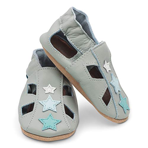 Dotty Fish Soft Leather Baby Sandals with Stars, Sandalias de Suela Suave Unisex bebé, Estrella Gris, 6 12 Meses EU