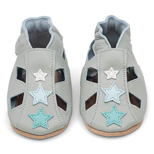 Dotty Fish Soft Leather Baby Sandals with Stars, Sandalias de Suela Suave Unisex bebé, Estrella Gris, 6 12 Meses EU