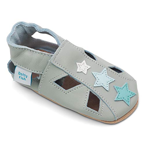 Dotty Fish Soft Leather Baby Sandals with Stars, Sandalias de Suela Suave Unisex bebé, Estrella Gris, 6 12 Meses EU