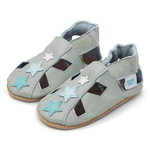 Dotty Fish Soft Leather Baby Sandals with Stars, Sandalias de Suela Suave Unisex bebé, Estrella Gris, 6 12 Meses EU