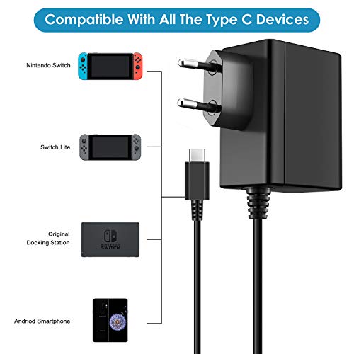 ECCHTPOOWER Cargador Nintendo Switch, Adaptador de Corriente para Switch, Carga Rápida USB Tipo C, Compatible con Modo TV/Nintendo Switch/Switch Lite/Otros Dispositivos de Tipo1 C (1,5M)