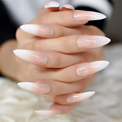 EchiQ Gradeint Natural Nude Pink Stiletto Falsas Uñas Ombre Francés Extra Largo Salón Prensa en el Desgaste UV Nail Art Consejos