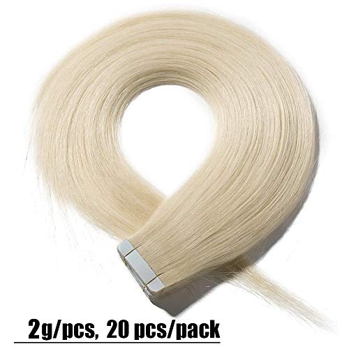 Elailite Extensiones Adhesivas Pelo Natural Rubias Tape Invisible Cabello Humano 20 Piezas Lisa Largas 100% Remy sin Clip 35cm 40g #60 Rubio Platino