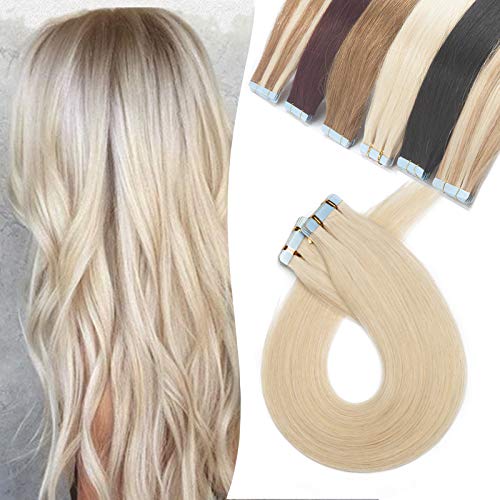 Elailite Extensiones Adhesivas Pelo Natural Rubias Tape Invisible Cabello Humano 20 Piezas Lisa Largas 100% Remy sin Clip 35cm 40g #60 Rubio Platino