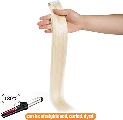 Elailite Extensiones Adhesivas Pelo Natural Rubias Tape Invisible Cabello Humano 20 Piezas Lisa Largas 100% Remy sin Clip 35cm 40g #60 Rubio Platino