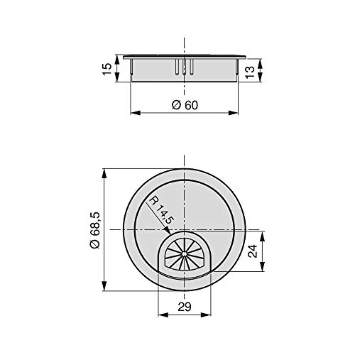 Emuca - Pasacables de mesa circular Ø60mm de zamac cromado mate, tapa pasacables encastrable en mesa de oficina/escritorio, lote de 8