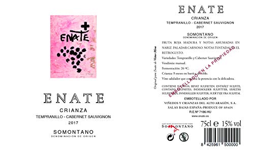 ENATE Crianza Tempranillo - Cabernet Sauvignon - D.O. Somontano - Vino Tinto - Notas Ahumadas y Especiadas - Fondo a Frutas Rojas Maduras - Pack de 3 Botellas - 75cl