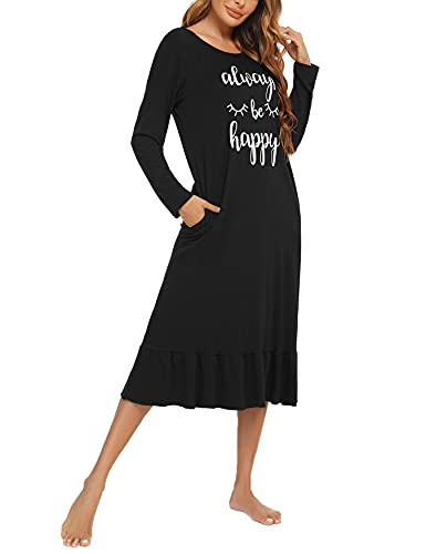 Enjyam Camisón Mujer Algodón Camisones Manga Larga Ropa de Dormir Interior Vestidos Pijama Comodo Suave Transpirable Casual Otoño Primavera Invierno