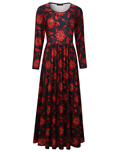 Enmain Vestidos Maxi Rojo & Negro para Mujer Manga Larga Floral Casual Vestido Largo Flor Elegante Fiesta Vestido con Bolsillos XL