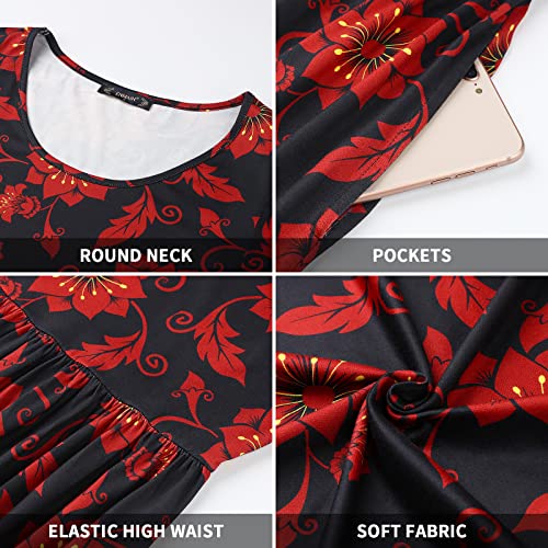 Enmain Vestidos Maxi Rojo & Negro para Mujer Manga Larga Floral Casual Vestido Largo Flor Elegante Fiesta Vestido con Bolsillos XL