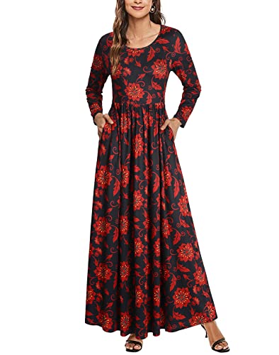 Enmain Vestidos Maxi Rojo & Negro para Mujer Manga Larga Floral Casual Vestido Largo Flor Elegante Fiesta Vestido con Bolsillos XL