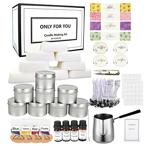 ETUOLIFE Kit de Fabricación de Velas, Kit de Regalo de Velas de Perfumadas Bricolaje,480g Cera de Soja,8 Latas de Velas,4 Aceites Aromáticos,4 Bloques de Tinte,50 Mechas de Velas y 50 Pegatinas