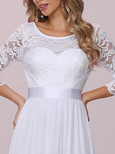 Ever-Pretty Vestido de Novia Encaje Gasa Cuello Redondo Manga 3/4 Corte Imperio A-línea para Mujer Blanco 36