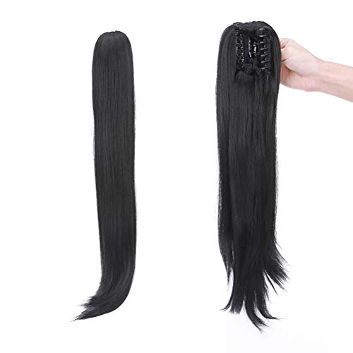 Extensiones de Clip de Pelo Natural Coleta Postiza Extensiones de Cabello Ondulada Lisa a Onda Pequeña Ponytail Largo Claw Hair Extension Cola 55.5cm Negro oscuro