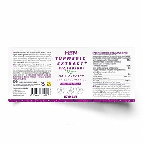 Extracto de Cúrcuma con Pimienta Negra de HSN | 32500mg Raíz de Curcuma | 95% de Curcuminoides | Extracto 50x Veces Más Concentrado | No-GMO, Vegano, Sin Gluten