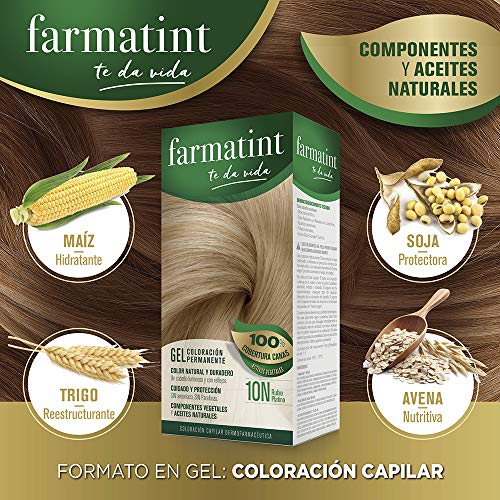 Farmatint Gel 10N Rubio Platino | Color natural y duradero | Componentes vegetales y aceites naturales | Sin amoníaco | Sin Parabenos | Dermatológicamente testado