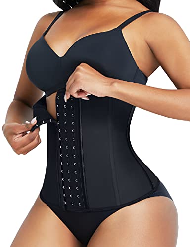 FeelinGirl Látex Corset Reductor Mujer de Entrenamiento Transpirable 9 Aceros Deshuesados Faja Lumbar con Ganchos para Mujer Fitness y Ejercicio Negro Cintura 62-67cm(S/Talla 34-36)