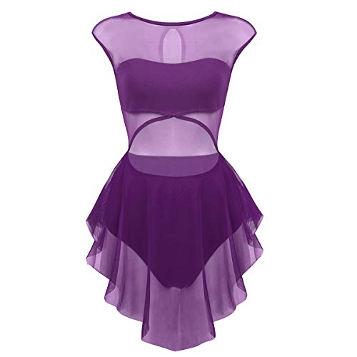 FEESHOW - Vestido asimétrico de baile, ballet, tutú de baile, ballet, gimnasia, vestido de encaje, ropa sin mangas, vestido salsa latina, Rumba Zumba XS-XL morado XL