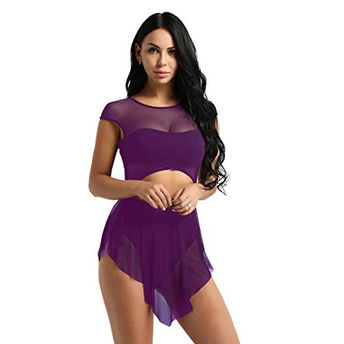 FEESHOW - Vestido asimétrico de baile, ballet, tutú de baile, ballet, gimnasia, vestido de encaje, ropa sin mangas, vestido salsa latina, Rumba Zumba XS-XL morado XL