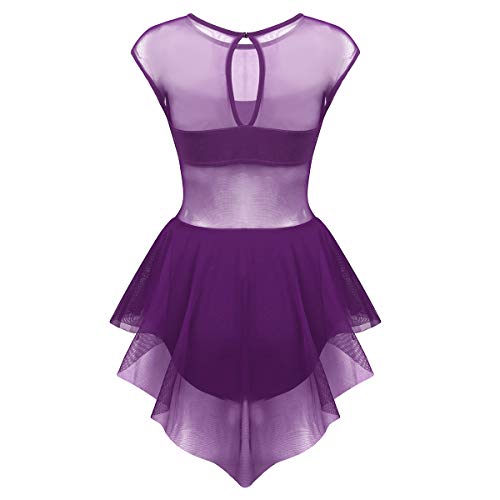 FEESHOW - Vestido asimétrico de baile, ballet, tutú de baile, ballet, gimnasia, vestido de encaje, ropa sin mangas, vestido salsa latina, Rumba Zumba XS-XL morado XL