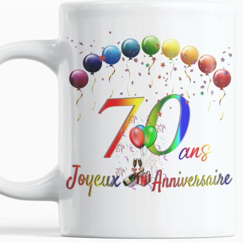 Feliz cumpleaños de 70 años, idea de regalo para hombre y mujer, 70 años, taza original con globos en color palabras de amor