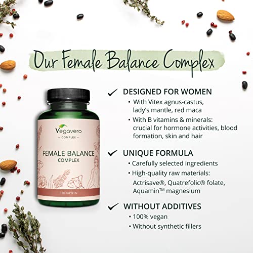 Female Balance Complex Vegavero® | 100% Vegetal | Suplemento Equilibrio Hormonal | Maca Roja + Nopal + Ácido Fólico + Alchemilla Vulgaris | Estrógenos Naturales | Sin Aditivos