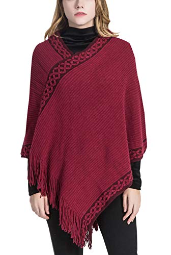 FEOYA Poncho para Mujer Chaqueta Chal Escote Bordado Flores Flecos Diseño Envolvente Elegante Regalo Navidad 86 * 80cm Rojo