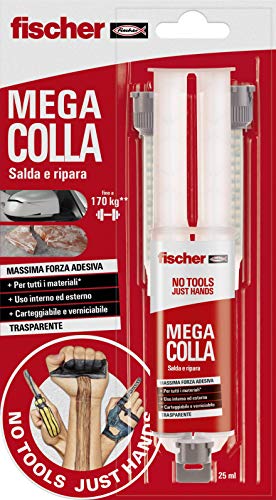 Fischer Mega Cola NTJH 25 ml, epoxi bicomponente extrafuerte de secado rápido, hasta 170 kg, fija y repara, ideal para piezas de plástico, mármol, metal, madera, 2 mezcladores, 552153