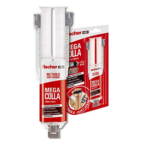 Fischer Mega Cola NTJH 25 ml, epoxi bicomponente extrafuerte de secado rápido, hasta 170 kg, fija y repara, ideal para piezas de plástico, mármol, metal, madera, 2 mezcladores, 552153