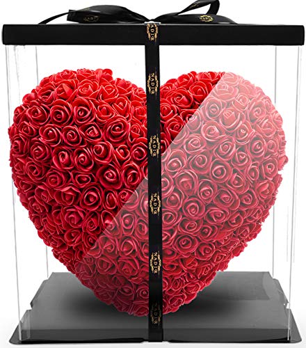 Flor comercio Nadir Gezer 40 cm Artificial Rosario con corazón 40 cm Incluye Caja de Regalo – Rose Bear with Heart 40 cm incl. Caja de regalo con diseño de oso de peluche, rojo, 40 cm