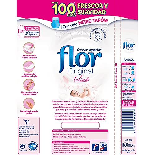 Flor Original Delicado, Suavizante para la Ropa concentrado, Apto para pieles sensibles - Pack De 8, Hasta 640 Dosis